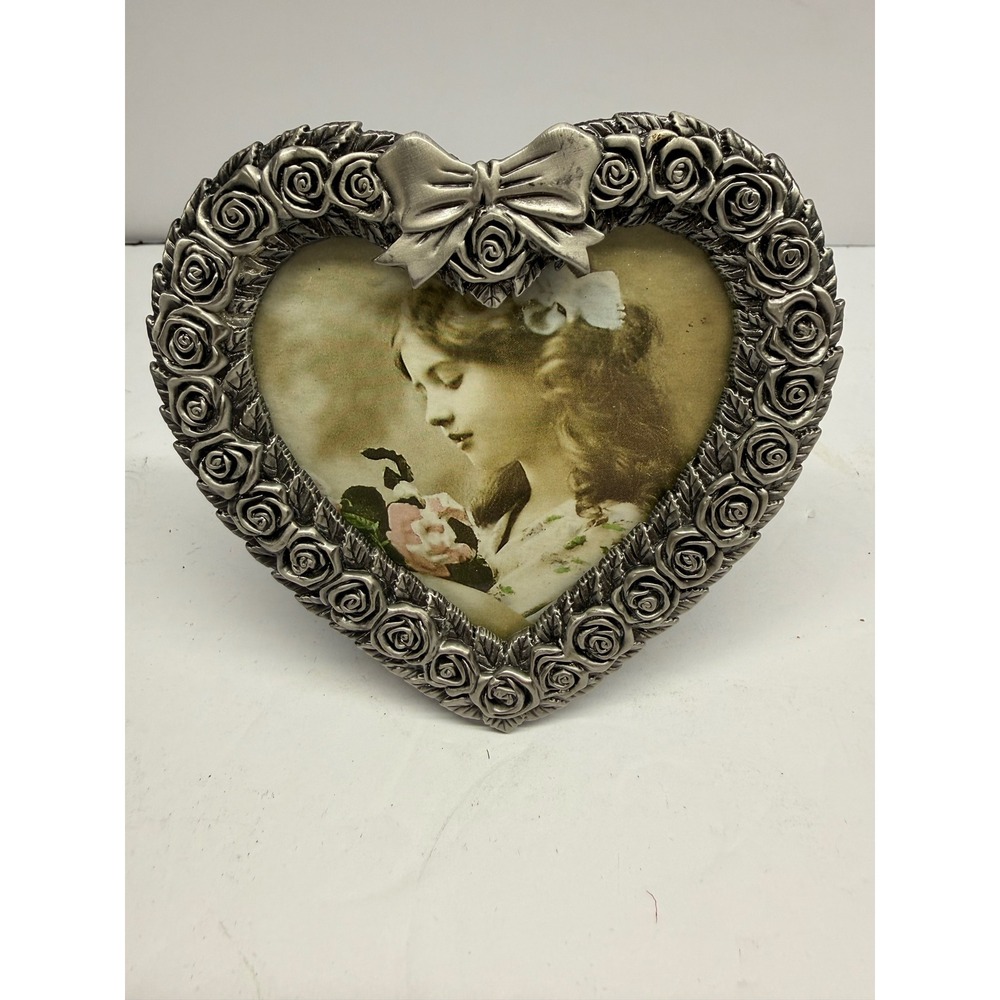 Vintage MT Silver Tone Heart Rose Bow Picture Frame Victorian Style Tabletop